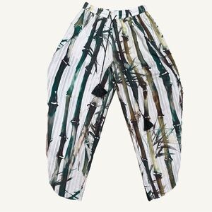 TRYB Kathryn Hand-Painted Bamboo Print Wide-Leg Pants Tulip Hem Size Medium